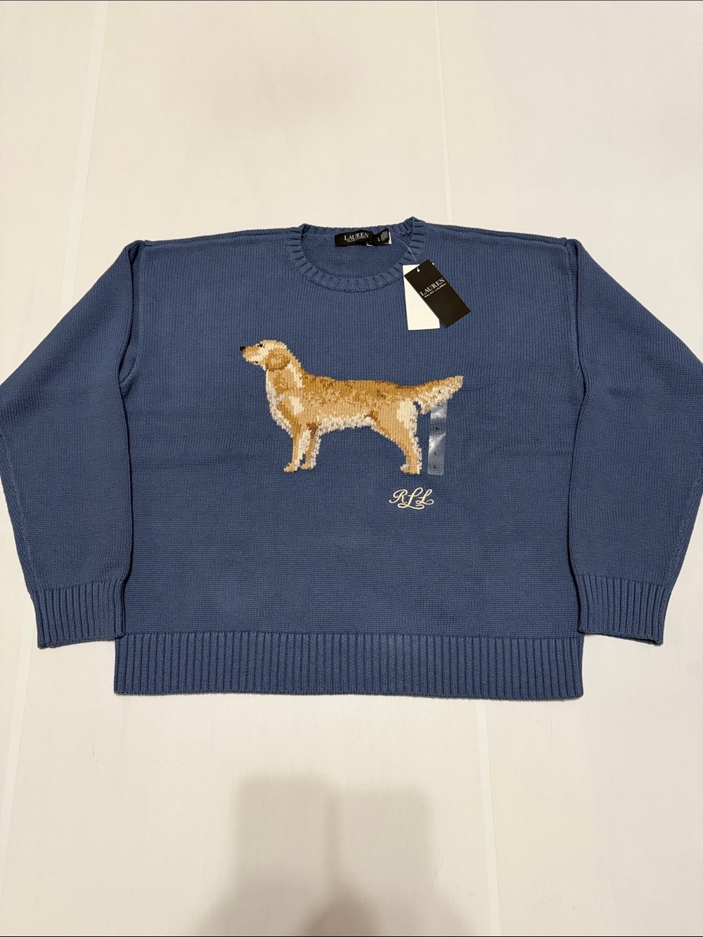 Ralph Lauren Blue Crewneck Sweater with Dog Intarsia L NWT
